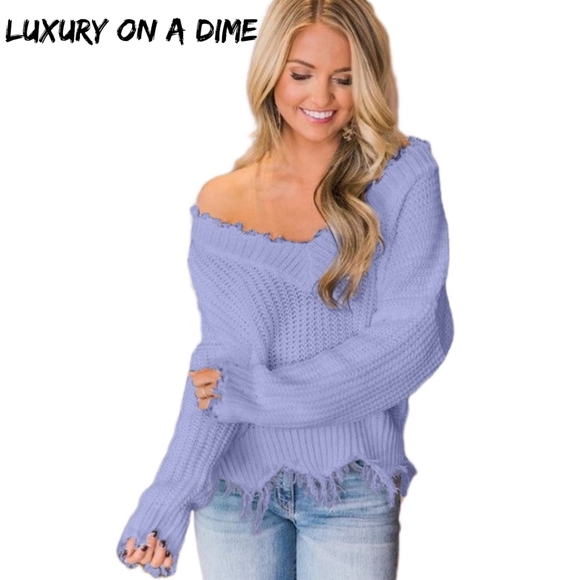 Distressed Raw Hem Off Shoulder Wide Neck Long Sleeve Waffle Knit Sweater Shirt - Picture 3 of 6